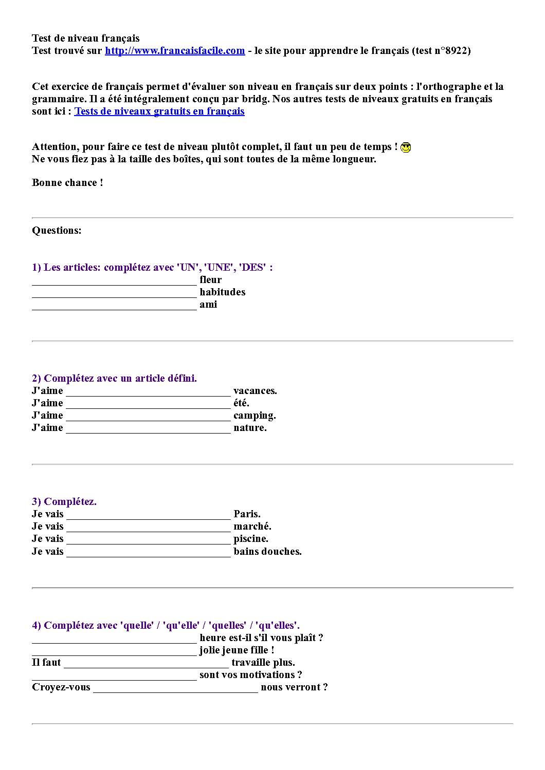 Test de niveau français pdf