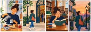 Quatre scènes : Lina prépare le petit-déjeuner, arrive à la bibliothèque, lit un livre et rentre chez elle.