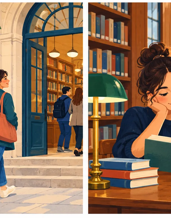 Quatre scènes : Lina prépare le petit-déjeuner, arrive à la bibliothèque, lit un livre et rentre chez elle.