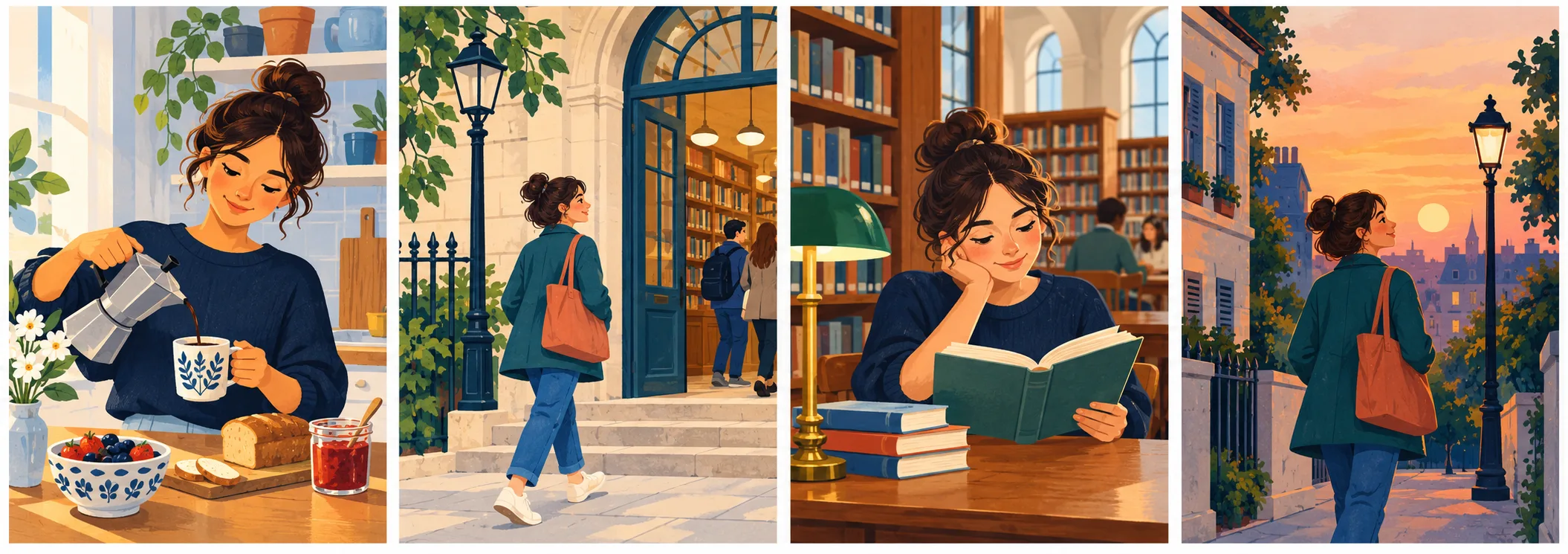 Quatre scènes : Lina prépare le petit-déjeuner, arrive à la bibliothèque, lit un livre et rentre chez elle.