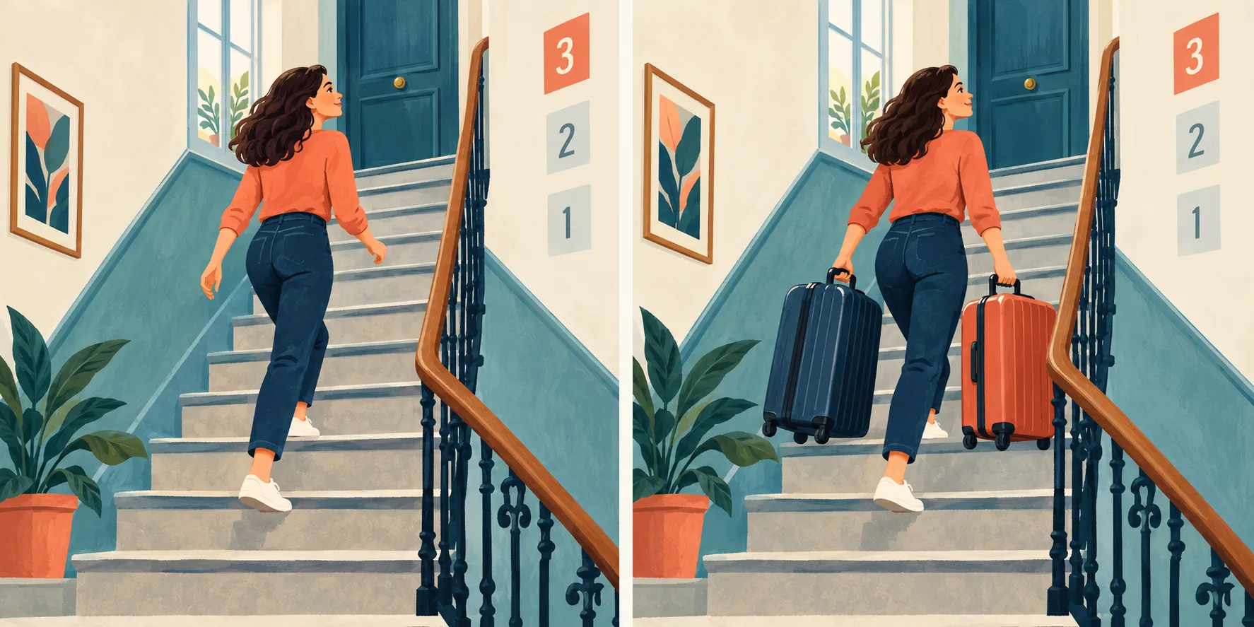 À gauche, une femme monte un escalier. À droite, elle monte des valises.