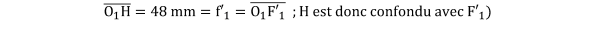 KutoolsEquPic:
O
1
H
=48 mm=
f′
1
=
O
1
F′
1
  ;H est donc confondu avec 
F′
1
)